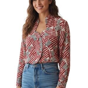 Rockies Vintage USA Flag Print Cropped Button-Up Top Long Sleeve  Size L